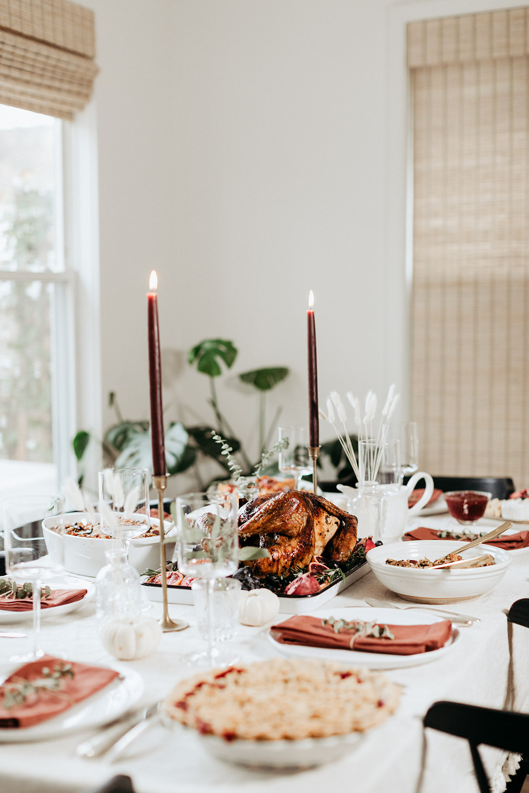 thanksgiving table with a maple roasted turkey