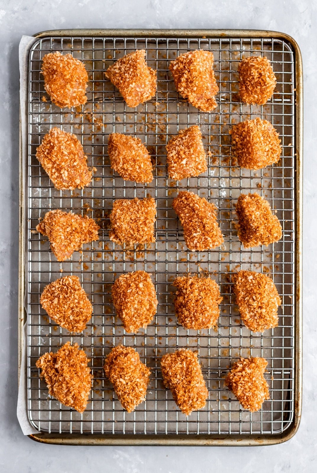 healthy baked chicken nuggets on a wire rack