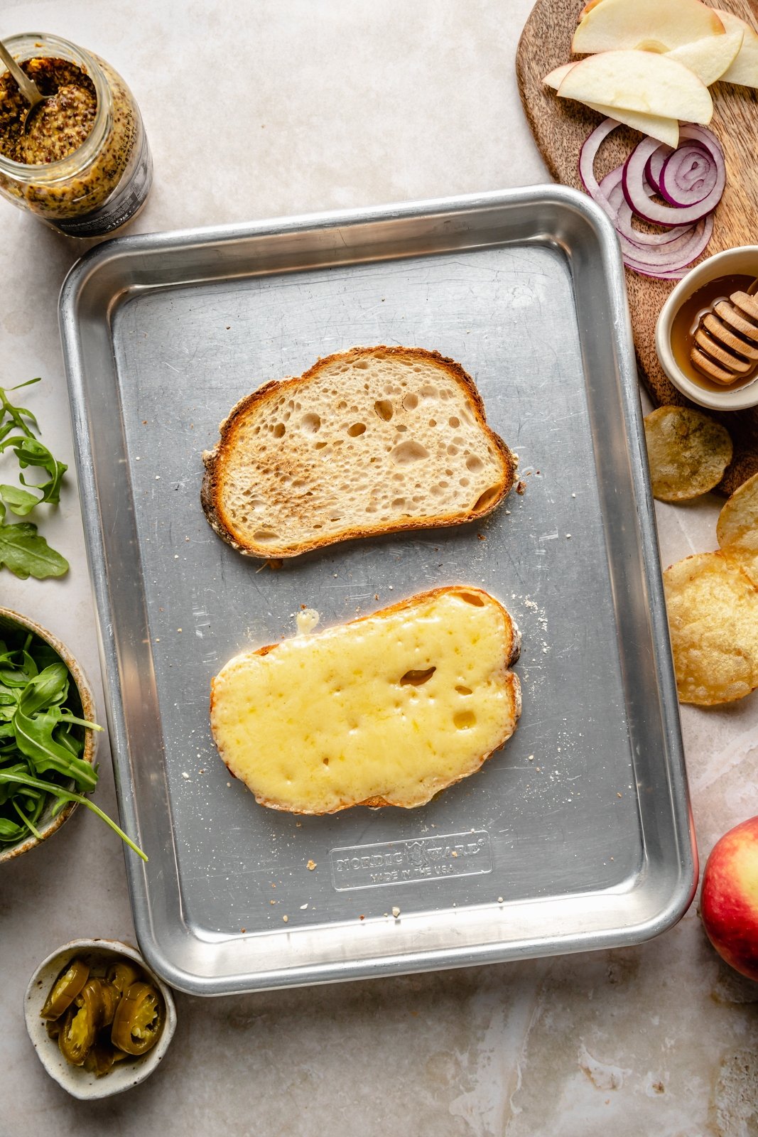 open-faced sandwich on a baking sheet