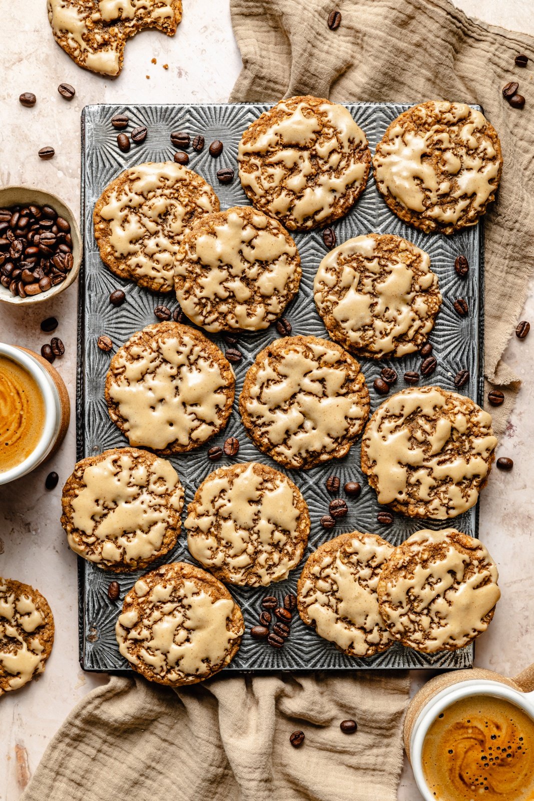 oatmeal latte cookies with espresso icing on a serving tray