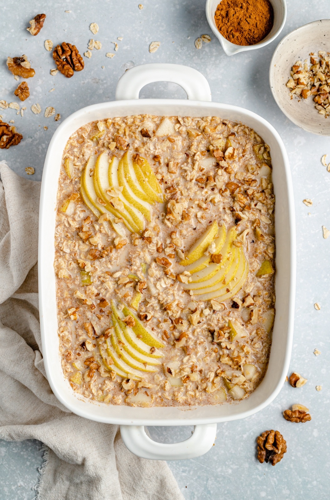 unbaked pear oatmeal bake in a baking dish