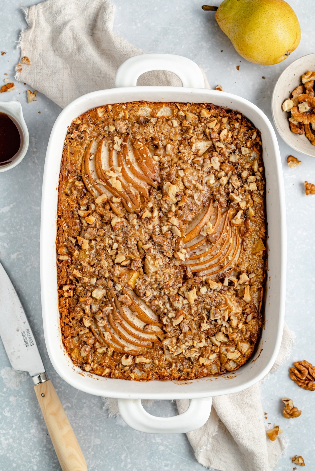 pear baked oatmeal in a baking dish