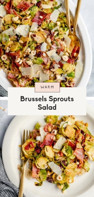 collage of a warm brussels sprouts salad