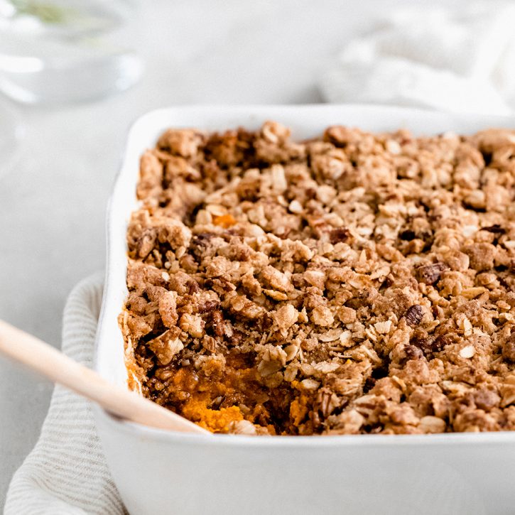 healthy sweet potato casserole in a baking dish