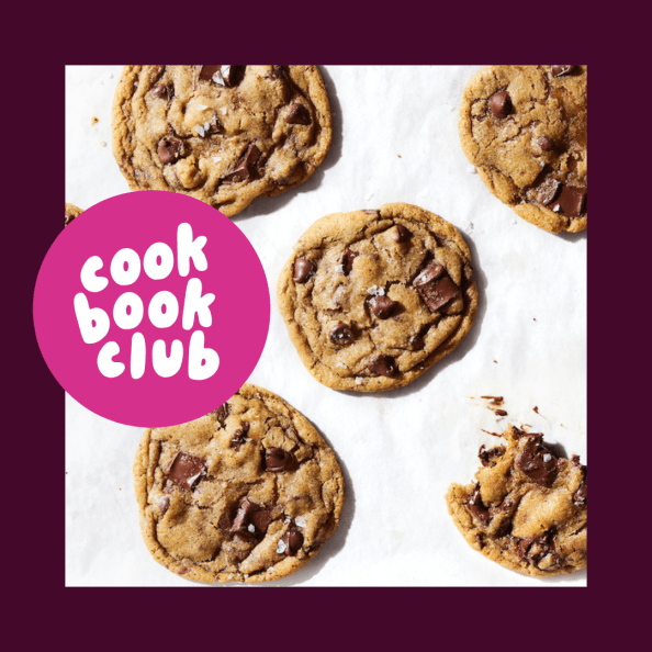 brown butter chocolate chip cookies with a cookbook club sticker overlay and maroon background