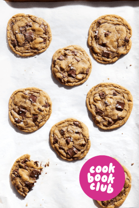 brown butter chocolate chip cookies with a cookbook club sticker overlay