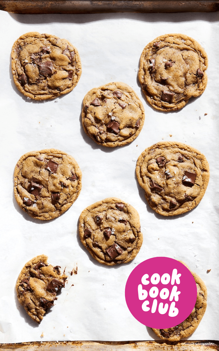 brown butter chocolate chip cookies with a cookbook club sticker overlay